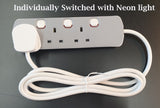 3 Gang Extension Lead 3 Way UK Mains Power Sockets Switched Lengths 1m/2m/5m/10m